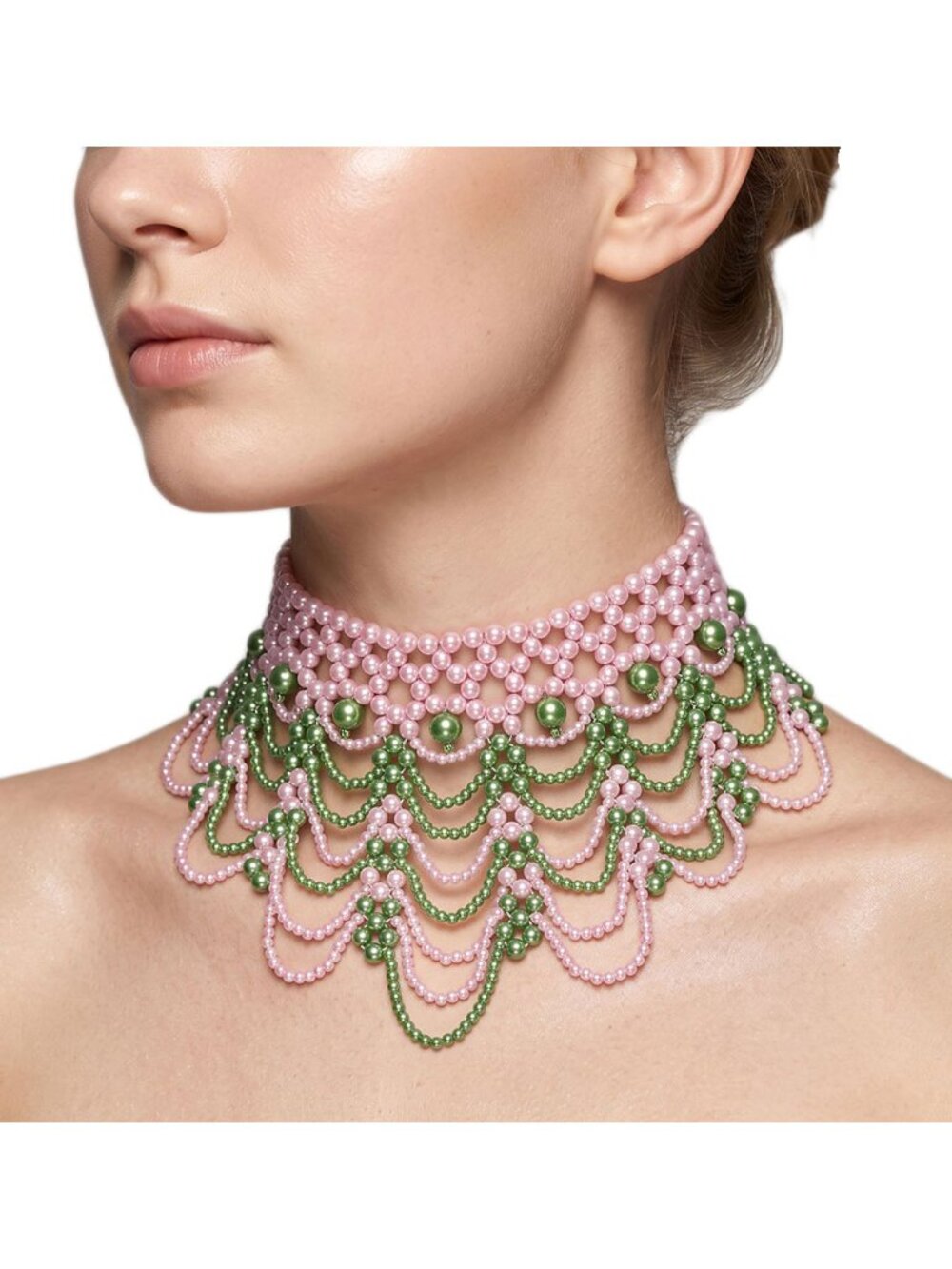 Tigerstars Elegant Pink Green Pearly Beaded Bib Statement Choker Necklace
